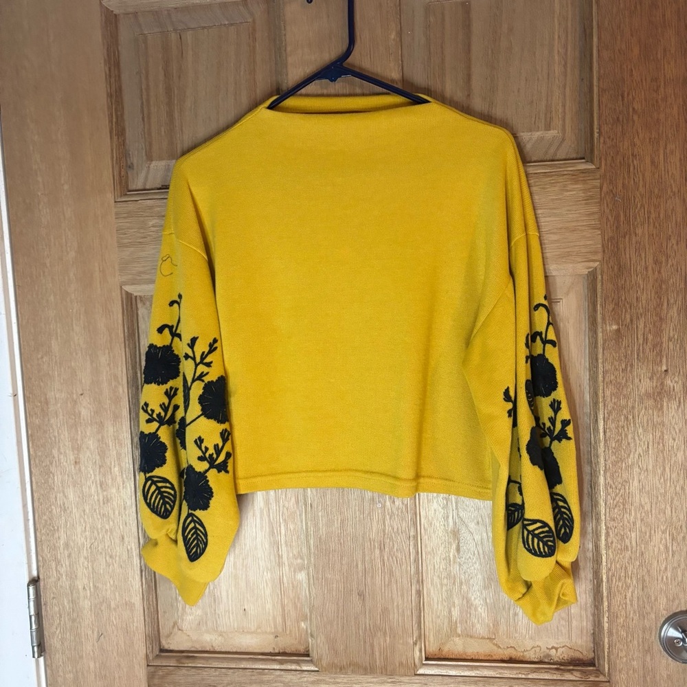 Yellow Cropped Sweater with Black Floral Sleeve Embroidery